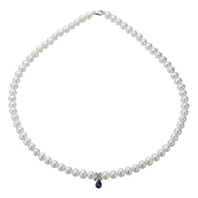9ct White Gold Freshwater Pearl, Sapphire & Diamond Necklace