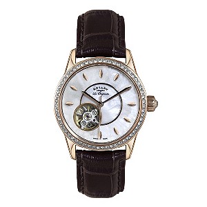 Rotary Jura ladies' rose gold stone set brown strap watch