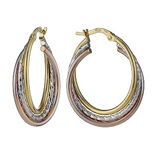 9ct Three Colour Diamond Cut Creole Hoop Earrings