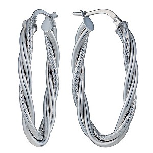 9ct White Gold Oval Fancy Twist Creole Hoop Earrings