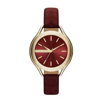 Armani Exchange Ladies' Gold-Plated Burgundy Strap Watch