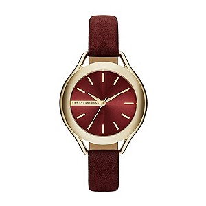 Armani Exchange Ladies' Gold-Plated Burgundy Strap Watch