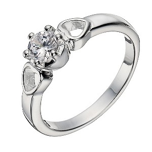 Sterling Silver Zirconia Solitaire & Hearts Ring - Size N