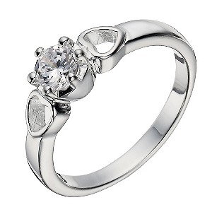 Sterling Silver Zirconia Solitaire & Hearts Ring - Size P