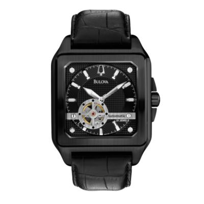Bulova Men's Black Ion-Plated Leather Strap Watch