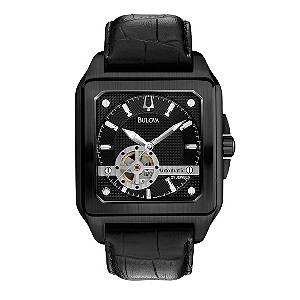 Bulova Men's Black Ion-Plated Leather Strap Watch