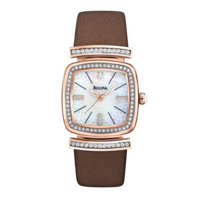 Bulova Ladies' Rose Gold-Plated Brown Leather Strap Watch