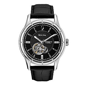 Bulova Men's Stainless Steel Black Leather Strap Watch