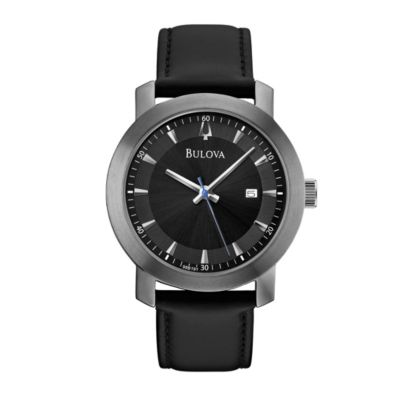 Bulova Men's Stainless Steel Black Leather Strap Watch
