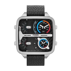 Diesel Men's Square Dial Black Leather Strap Watch