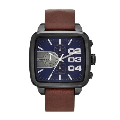 Diesel Men's Square Blue Dial Brown Leather Strap Watch