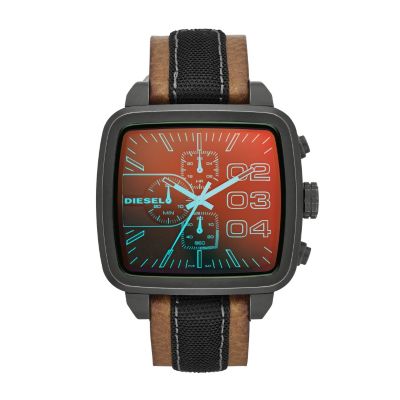 Diesel Men's Square Dial Brown Leather Strap Watch