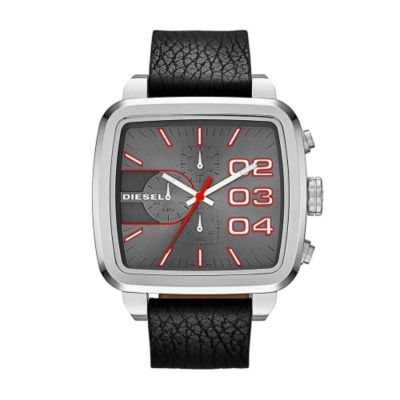 Diesel Men's Square Grey Dial Black Leather Strap Watch