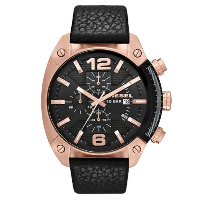 Diesel Men's Gold Ion Plated Black Leather Strap Watch