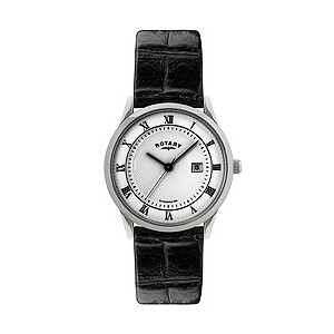 Rotary Men's Stainless Steel Black Leather Strap Watch