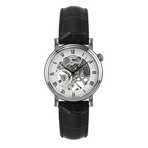 Rotary Men's Stainless Steel Black Leather Strap Watch