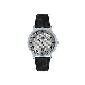 Rotary Men's Stainless Steel Black Leather Strap Watch