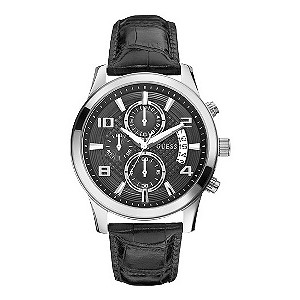 Guess Men's Stainless Steel Black Leather Strap Watch