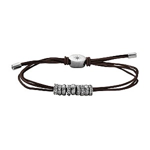 Fossil Silver & Black Leather Beaded Bracelet