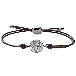 Fossil Leather & Stainless Steel Crystal Set Bracelet