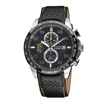 Accurist Men's Stainless Steel Black Leather Strap Watch