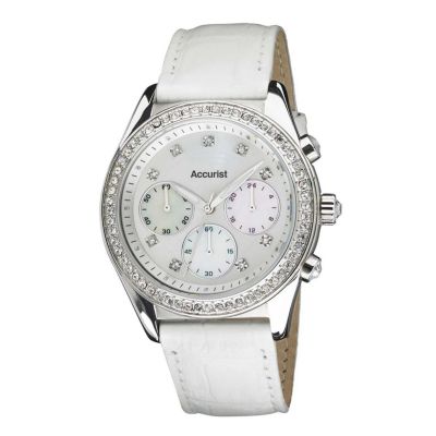 Accurist Ladies' Stainless Steel White Leather Strap Watch