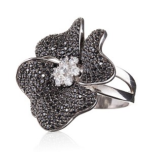 Gaia Sterling Silver Black Flower Ring Size L