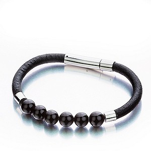 Shimla Luxury Link Black Leather Black Onyx Bead Bracelet