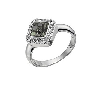 Rhodium-Plated Black Crystal Princess Cut Ring Size O