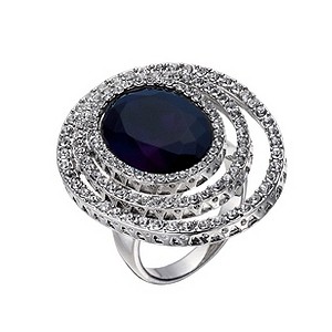 Rhodium-Plated Blue Oval & Clear Crystal Ring Size O