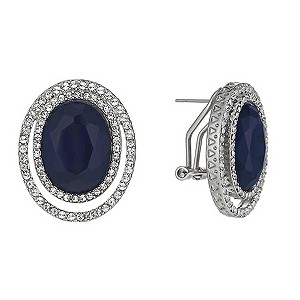 Rhodium-Plated Blue Oval & Clear Crystal Stud Earrings