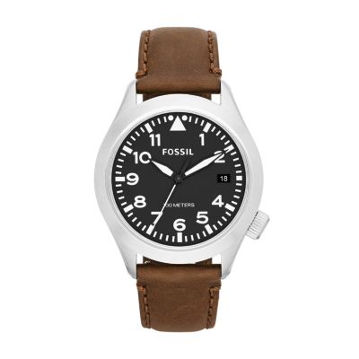 Fossil Men's Stainless Steel Brown Leather Strap Watch