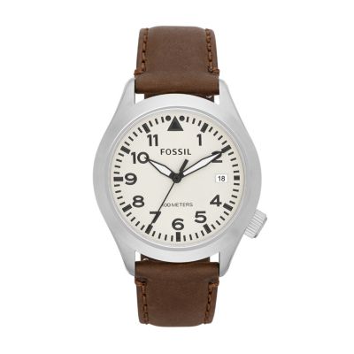 Fossil Men's Stainless Steel Brown Leather Strap Watch