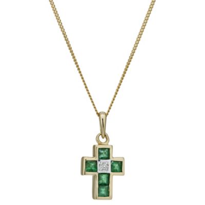 9ct Gold Emerald & Diamond Cross Pendant - Ernest Jones