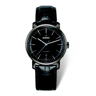 Rado men's titanium automatic black leather strap watch Ernest Jones
