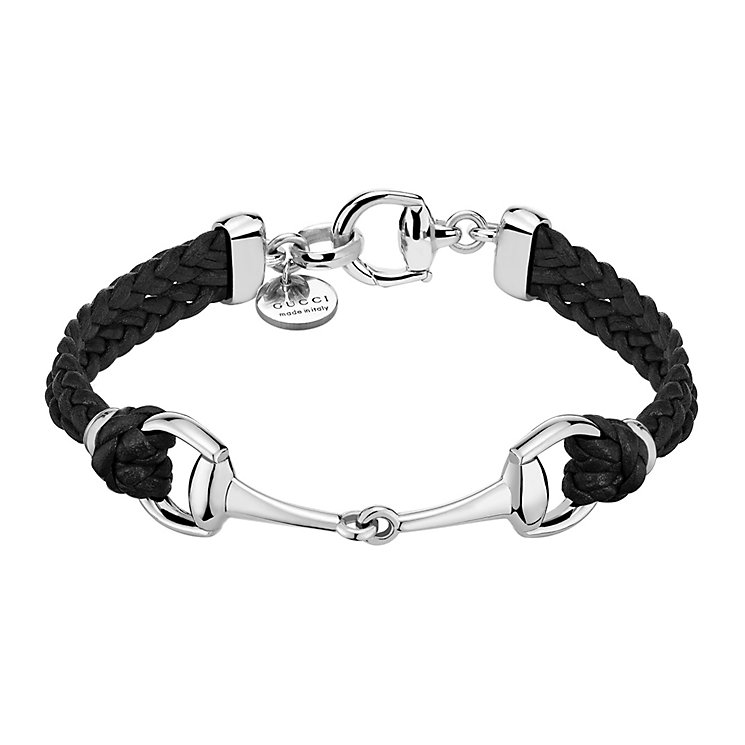 Gucci black leather  sterling silver horsebit bracelet - Product ...