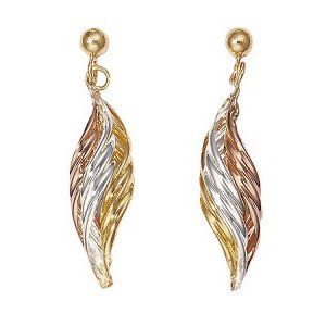 9ct Three Colour Gold Leaf Drop Earrings