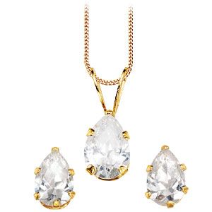 9ct Gold Cubic Zirconia Teardrop Pendant & Earrings