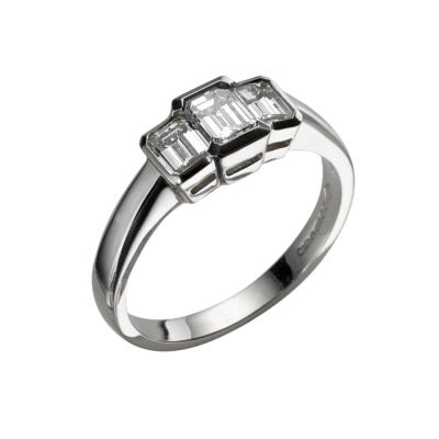 Platinum seventy point emerald cut diamond three stone ring - Product number 3484114