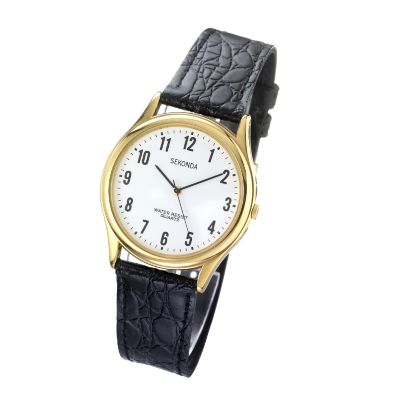 Menand#39;s Black Leather Strap Watch