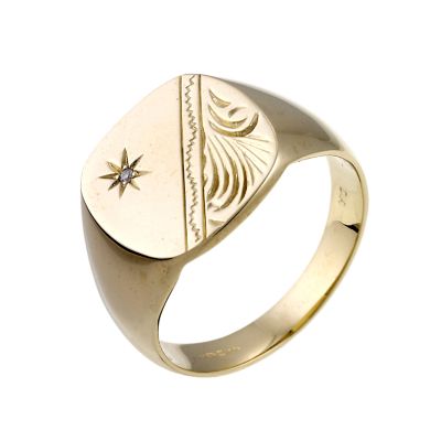 H Samuel 9ct Yellow Gold Engraved Pattern Signet Ring