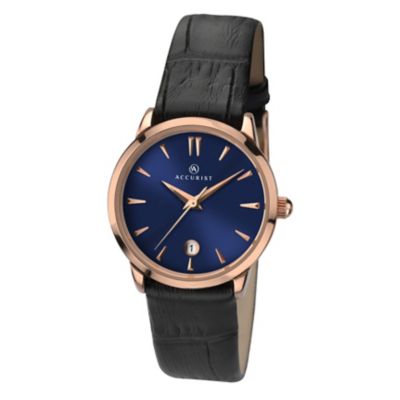 Accurist Ladies' Round Blue Dial Black Leather Strap Watch H.Samuel