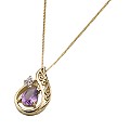 9ct Gold Teardrop Amethyst and Diamond Swirl Necklace