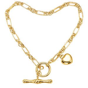 9ct Gold 7.5"" Figaro Heart T-Bar Bracelet