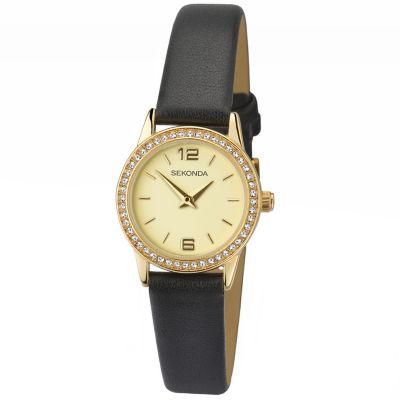 Sekonda Ladies' Stone Set Black Leather Strap Watch H.Samuel
