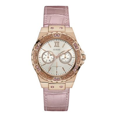 Guess Ladies' Round White Dial Pink Leather Strap Watch H.Samuel