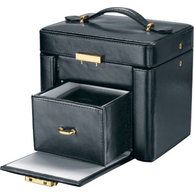 Black Leather Jewellery Box With Carry-Out Section