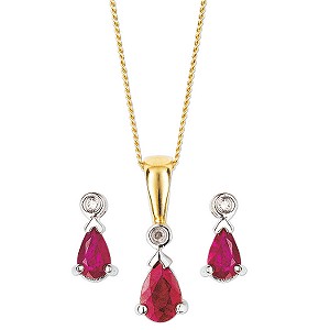 9ct gold Diamond and Ruby Pendant and Earrings in Box