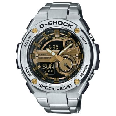 Casio G Shock Mens Stainless Steel Black And Gold Dial Watch H Samuel