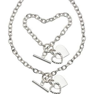 Silver Heart T-Bar Necklace and Bracelet Set